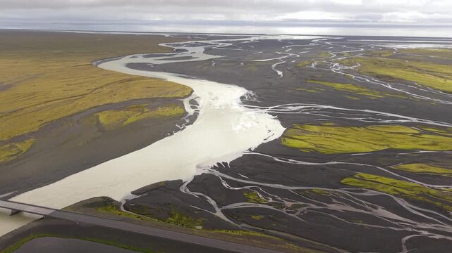 Drone view of the vast Skeidararsandur sand plain. The glacial river flows from the Vatnajokull glacier to the North Atlantic Ocean