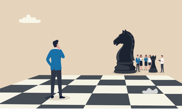 Decision making meeting together concept, brave miniature figure businessman thinking and standing on chessboard looking at black chess enemy in far background