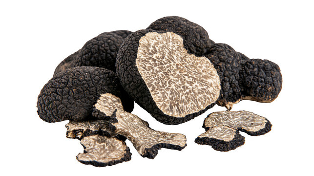 Black truffles whole and sliced with marbled texture