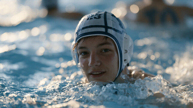 Underwater hockey player surfacing for a rapid breath while a teammate takes possession below, the pool lights casting a lattice pattern across the competitors' backs as they