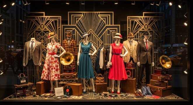 Vintage-inspired fashion display with mannequins wearing 1920s attire, including hats, dresses, and suits, against a black background with gold geometric patterns.