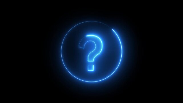 A vibrant green neon question mark symbol radiates light within a circular outline set against a completely black background signifying curiosity and the unknown black background.