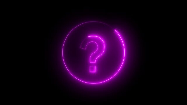 A vibrant green neon question mark symbol radiates light within a circular outline set against a completely black background signifying curiosity and the unknown black background.