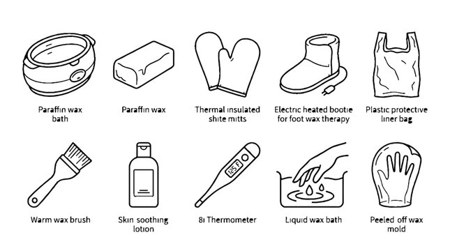 Paraffin Wax Therapy Equipment and Spa Treatment Accessories Line Art Icons Set.