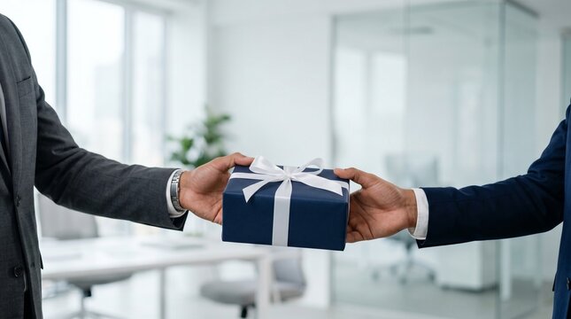 Two business people exchanging gift box with white ribbon.