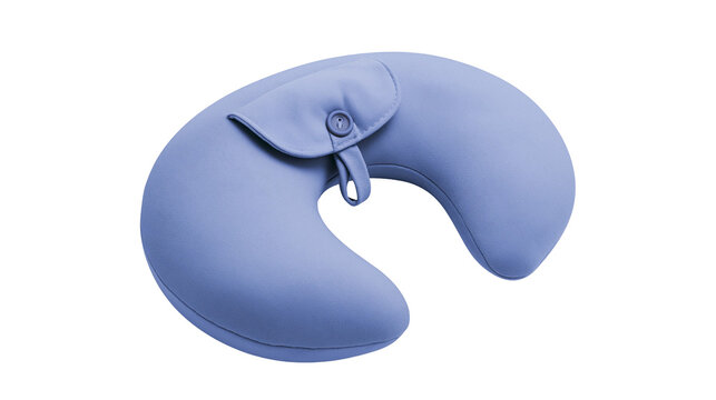 Blue U-shaped travel neck pillow with button closure
