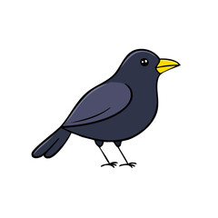 Obraz premium Cartoon black bird with bright yellow beak standing isolated
