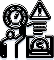 Fototapeta premium Stick figure character feeling the pressure of a warning sign springing from a dollar currency symbol, illustrating financial risk management, danger and economic control