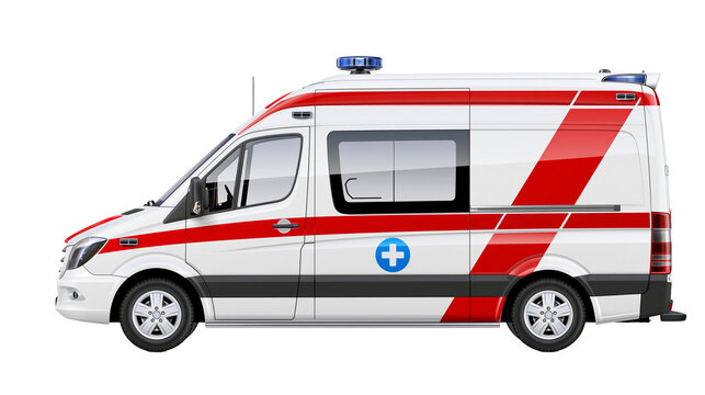 White ambulance van with red stripes and blue emergency lights