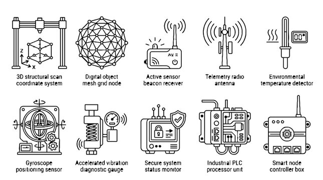 Industrial technology and engineering sensor icons set for smart manufacturing and automation systems.