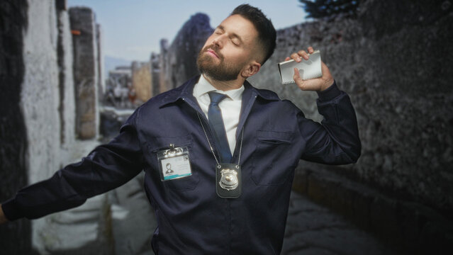 Man with badge and visible idcard yawns while holding a spiral notebook with outstretched arm in street; fatigue duty.