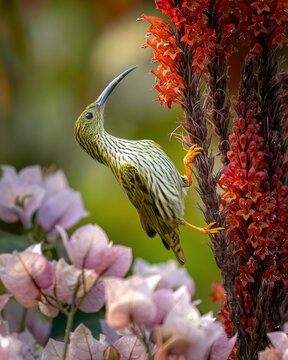 Streaked Spiderhunter foraging for nectar on red flowers with pink and green canvas background