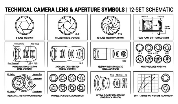 Technical camera lens and shutter aperture symbols set with photographic diaphragm blueprint vector icons