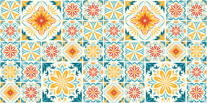 Seamless mexican tile pattern with talavera-inspired floral and geometric motifs in blue, orange and yellow. Traditional ceramic mosaic background with repeating ornamental square tiles.