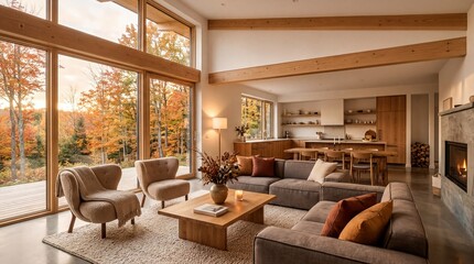 Fototapeta premium cozy interior design, cozy modern interior bathed in warm autumn light, exuding tranquility