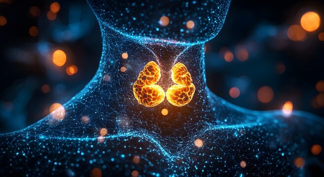 Glowing thyroid anatomy inside human neck futuristic healthcare concept image