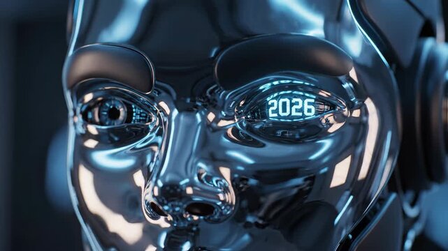 Macro View of a Polished Metallic Humanoid Robot Face with the Digital Year 2026 Glowing Inside Its Eyes Under Blue Lighting