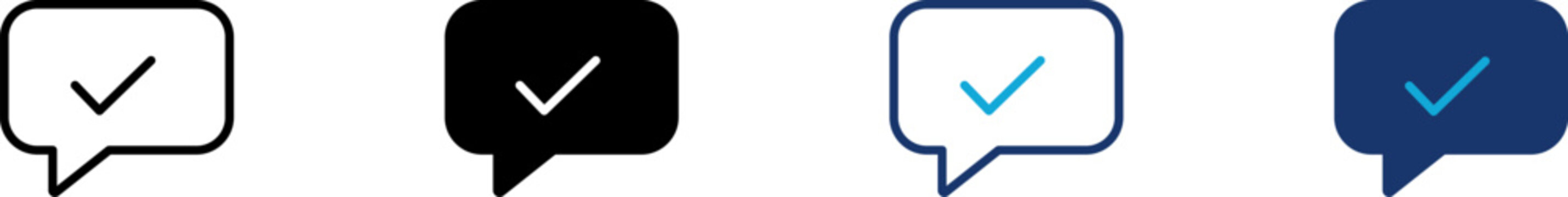 Chat icon set showing professional rectangular speech bubble with verification checkmark sign for online conversation message interface communication success approved and forum feedback confirmation