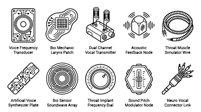 Futuristic Cybernetic Vocal Implant and Bio Mechanic Voice Technology Icon Set.
