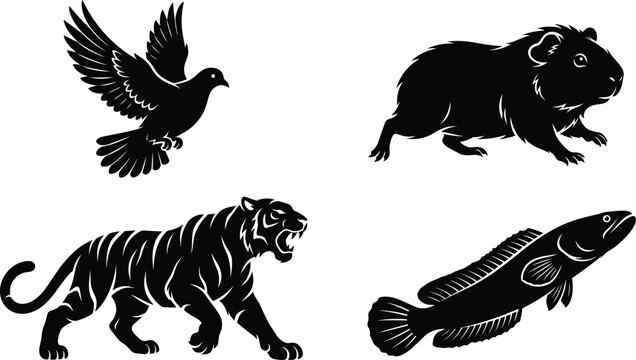 Bird rodent tiger fish silhouette, diverse wildlife illustration set