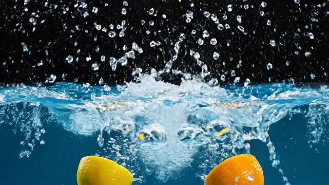 Fresh lemon halves splashing in blue water.