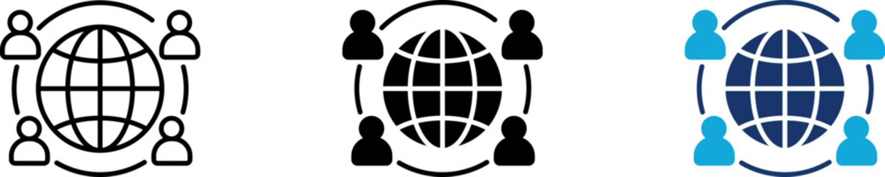 Global network icon set representing international business communication, remote team partnership and globe connection. Symbol of planetary outsourcing network, social media community