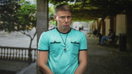 Fototapeta premium Man referee wearing turquoise shirt with whistle on lanyard, frowning and clutching hands on street; quiet disappointment.
