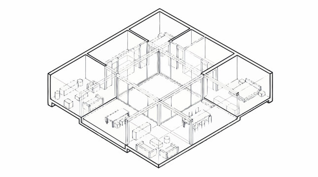Isometric architectural drawing of a modern office interior layout.