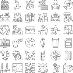 Naklejka premium Diverse set of outline vector icons covering business, technology, science, health, communication and lifestyle, clean line symbols for web, app, presentations and digital projects