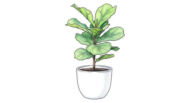 Healthy green fiddle leaf fig plant in white pot.