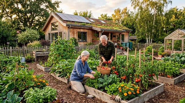 sustainable gardening, an elderly couple enjoys nurturing their thriving vegetable garden at home