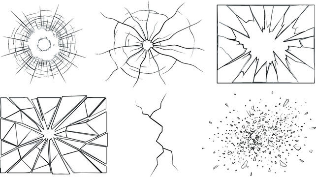 Broken glass cracks bullet holes and shattered shards vector se