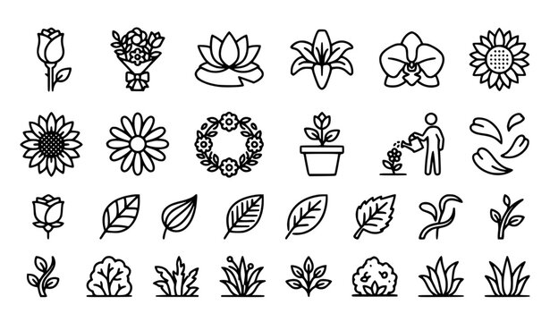 Flower Line Icons Collection &ndash; Editable Outline Botanical Symbols 64x64 Vector Set