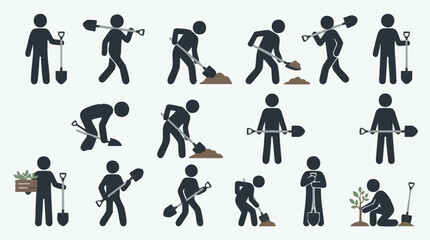 Stick figure icons depicting gardening, digging, and planting actions with shovels © Texturify