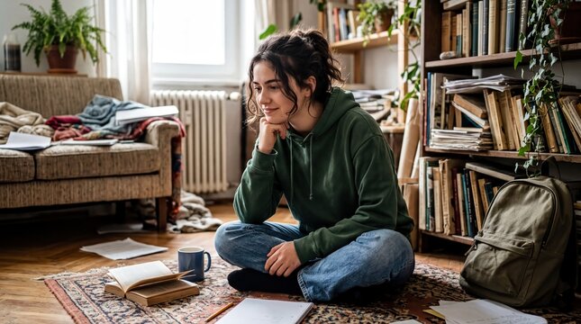 youthful lifestyle moments, a relaxed gen z individual sits on the floor amid a cozy, lived-in room