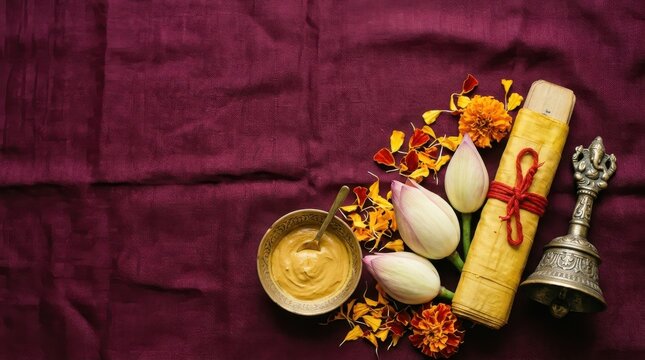 Guru Purnima ritual arrangement with lotus flowers, marigold petals, turmeric paste, and a traditional brass bell on a deep purple fabric for spiritual celebration.