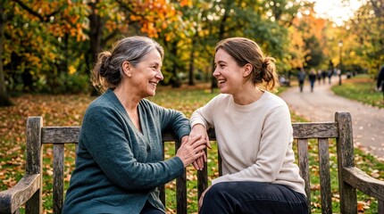 Fototapeta premium family bonding moments, a mother and daughter share a heartfelt conversation on a park bench