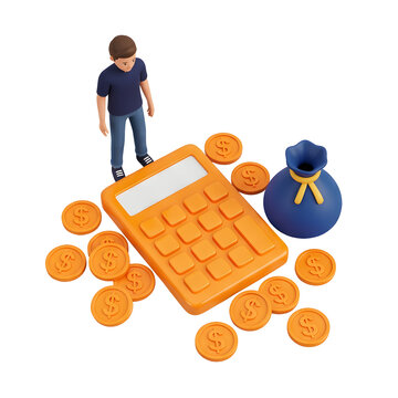 3D render of a person, calculator, money bag, and coins