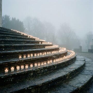 Candlelight vigil on stone steps during a foggy evening, representing remembrance for victims of totalitarian regimes and solemn commemorative ceremonies