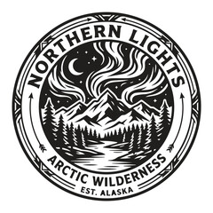 Northern lights arctic wilderness logo emblem with borealis mountains northern © Sharmin