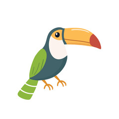 Obraz premium Cartoon toucan bird with large colorful beak and green wings, simple illustration for nature and tropical themes