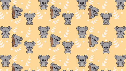 Cute koalas sit and stand on a warm yellow background. Each koala holds a small tree trunk. Soft leafy patterns add gentle charm. Playful, calm, and inviting cartoon design © rochmuch