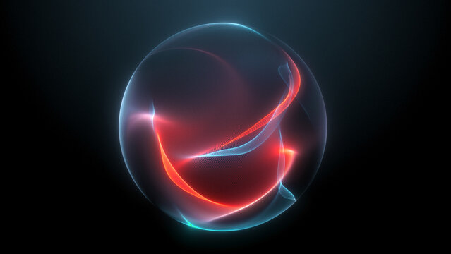 Futuristic neon smoke orb. Abstract energy sphere pink and gray soft blue plasma waves. Fluid sphere light reflections laser.