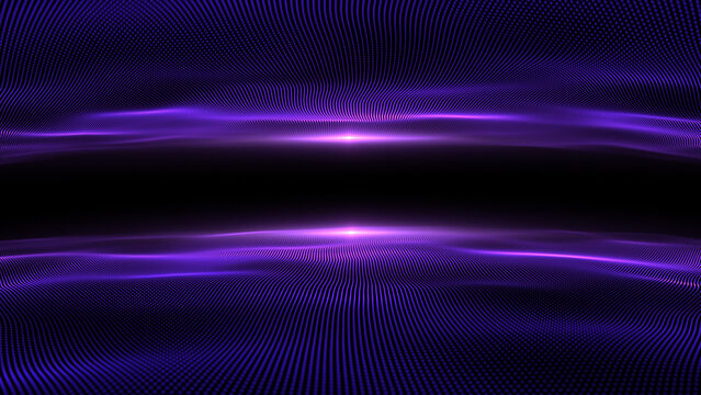 Digital sea particle wave background. Violet surface waves, liquid smoothness. Reflected purple wave space seamlessly. Glow Purple mirrored waves dark blue background