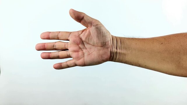A man performs the motion of repeatedly clasping and reopening his hands against a plain white background.