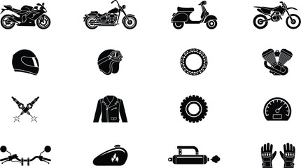  Motorcycle and chopper vector icons set featuring sport bike scooter helmet leather jacket engine tire fuel tank speedometer and biker gloves symbols © sakhina