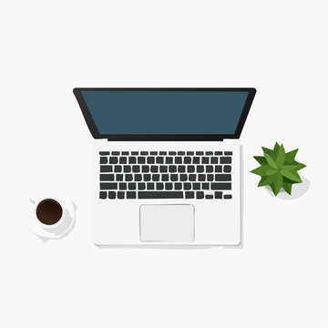 Flat design workspace with laptop, coffee, and plant on white background.