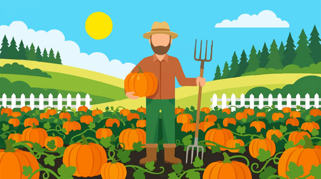 Farmer with Pumpkin and Pitchfork in an Autumn Pumpkin Patch Landscape