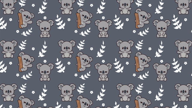 Cute koalas hold books in a quiet forest setting. Soft gray background features white leaves and flowers. Koalas look thoughtful, cozy, and curious. Ideal for children's books or educational themes