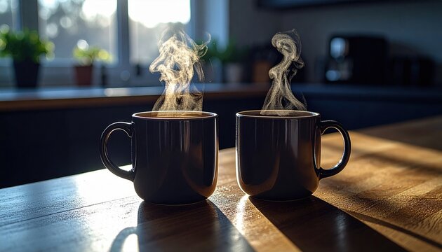 Two Dark Coffee Mugs Releasing Steam on a Wooden Table Bathed in Morning Sunlight